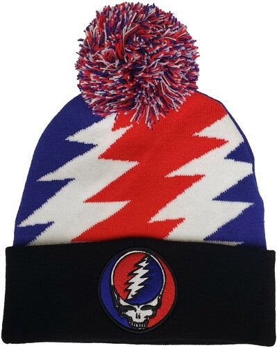 Grateful Dead - Steal Your Face Patch - Knit Pom Hat - Jacquard Lighting Bolt Red/White/Blue/Black BN25GFD265 (Hat, One Size Fits All, Black)