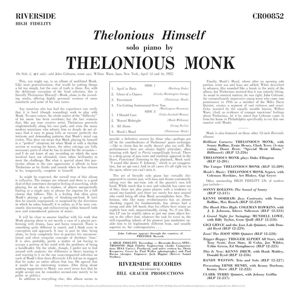 Thelonious Himself (Original Jazz Classics Series) (180 Gram Vinyl)