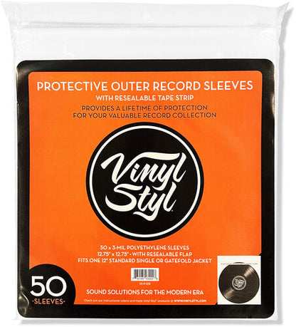 Vinyl Styl®VS-P-012 12 Inch Outer Record Sleeves - Resealable Flap - 50 Count (Clear)